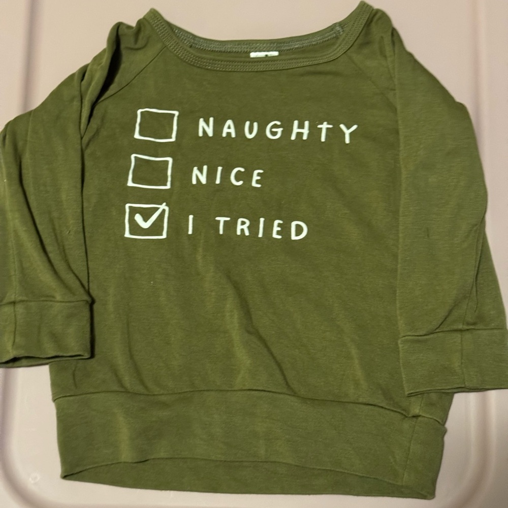 Kids Olive Green Sweatshirt - Naughty Nice I Tried Design